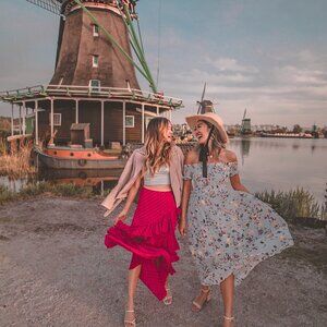 Bright pink polka dot maxi skirt with ruffle detailing